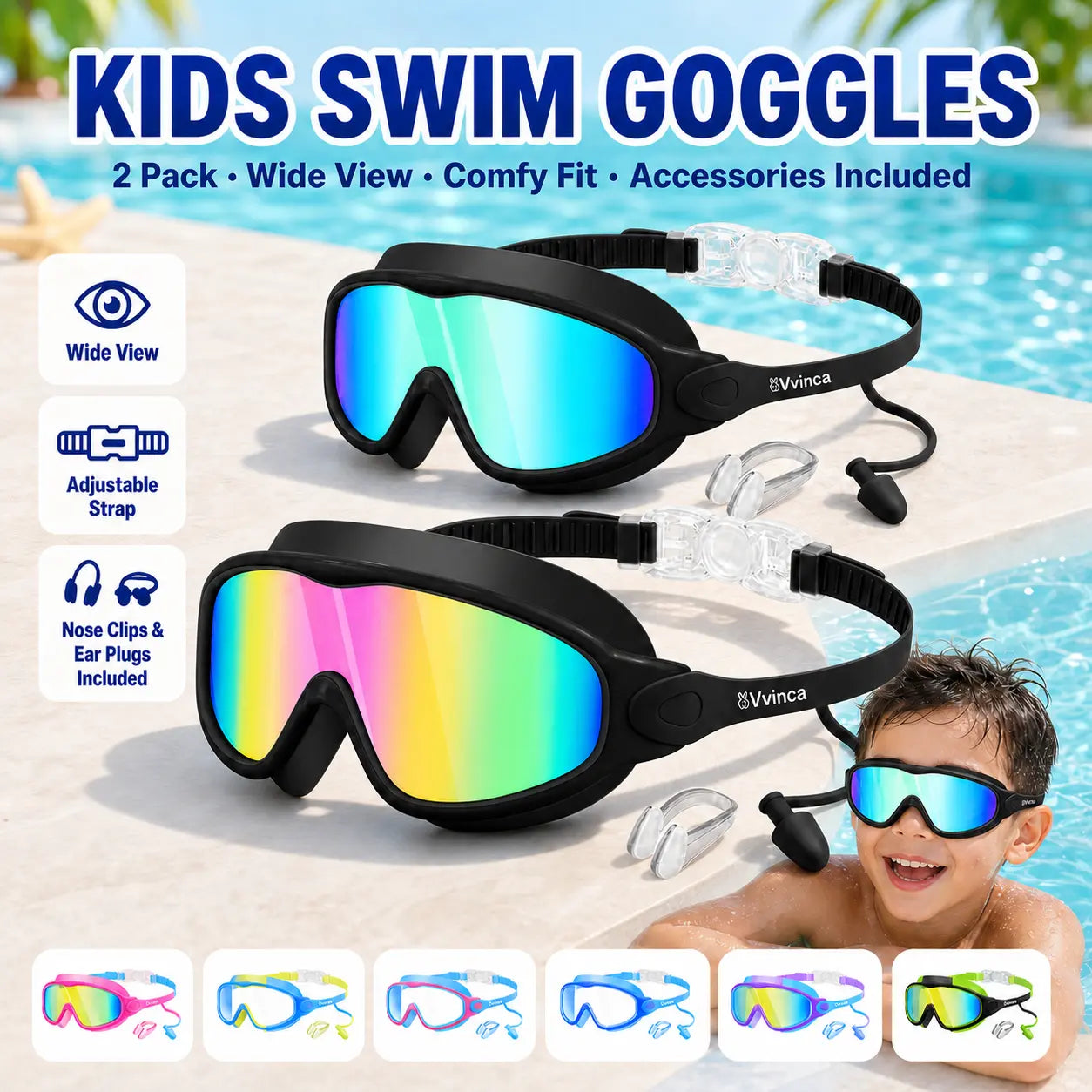 Swim Goggles 2 Pcs with Nose Cover for Ages 3-12+ Kids