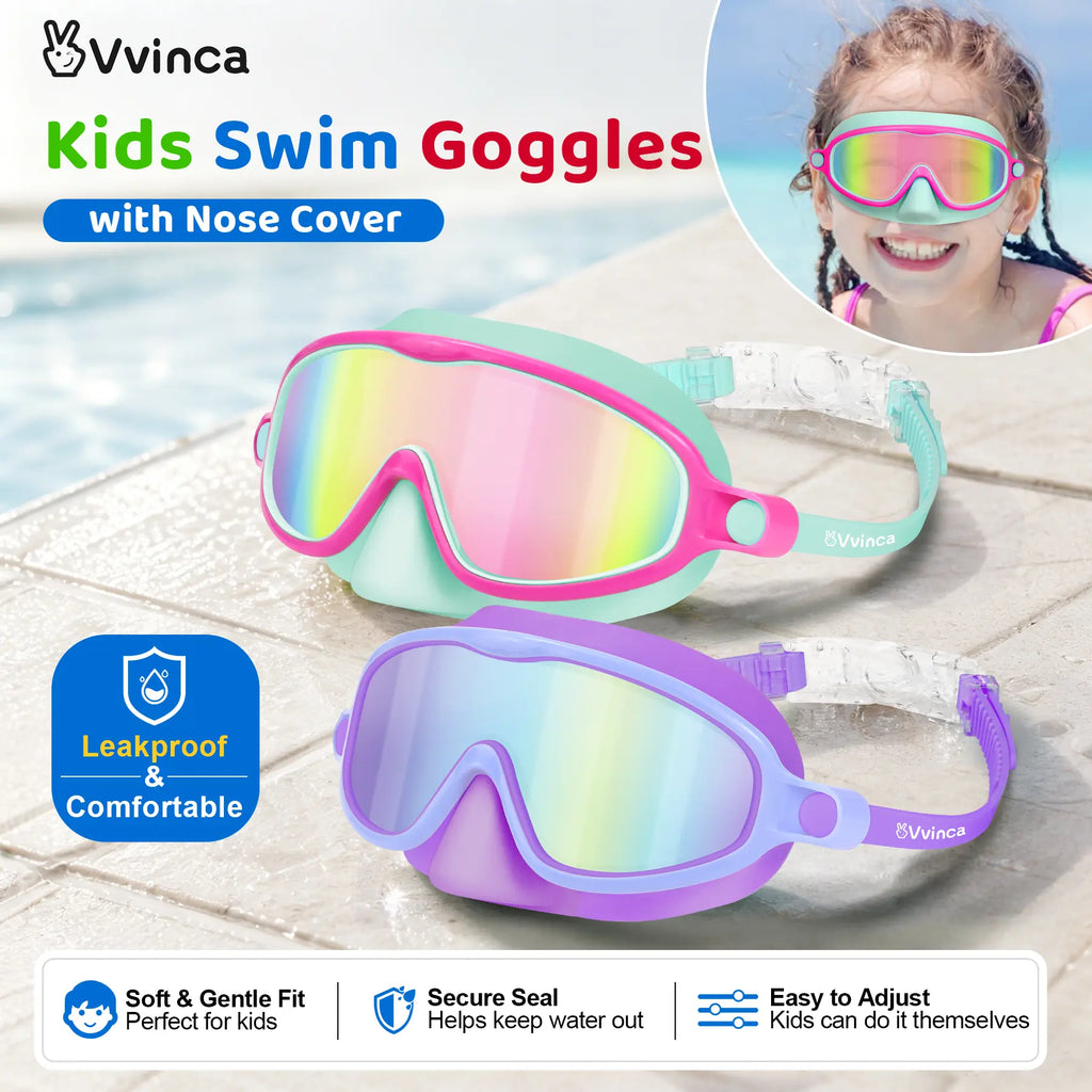 Swim Goggles 2 Pcs with Nose Cover for Ages 3-12+ Kids