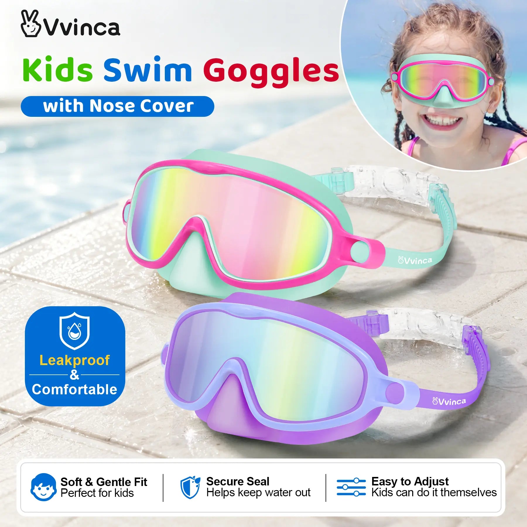 Swim Goggles 2 Pcs with Nose Cover for Ages 3-12+ Kids