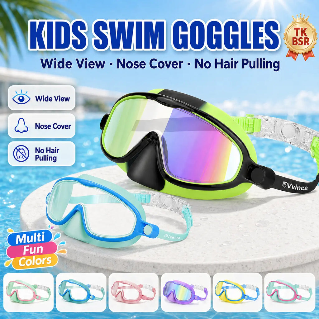 Swim Goggles 2 Pcs with Nose Cover for Ages 3-12+ Kids