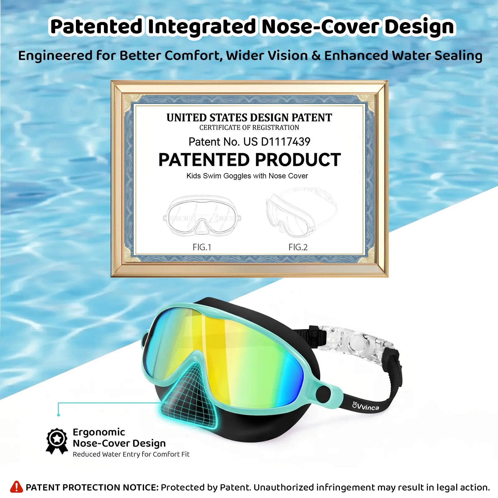 Swim Goggles 2 Pcs with Nose Cover for Ages 3-12+ Kids