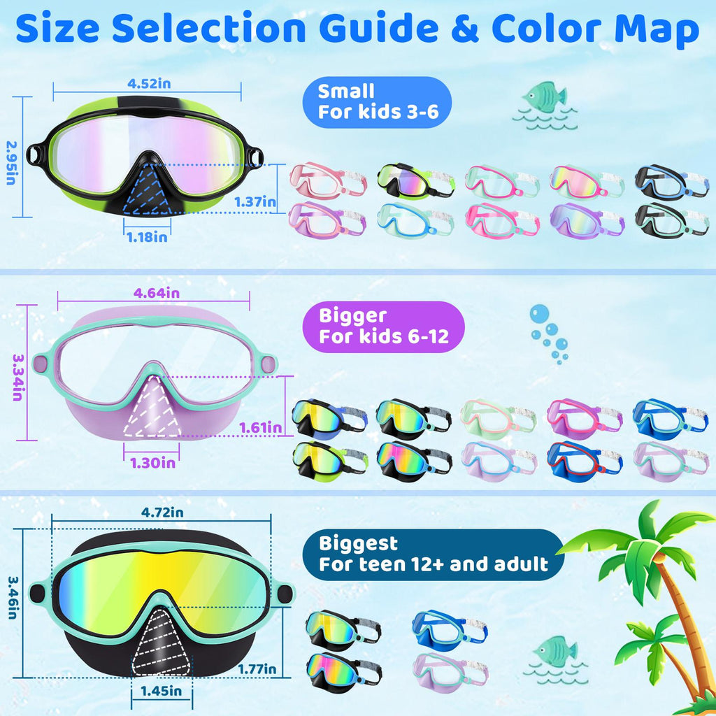Swim Goggles 2 Pcs with Nose Cover for Ages 3-12+ Kids