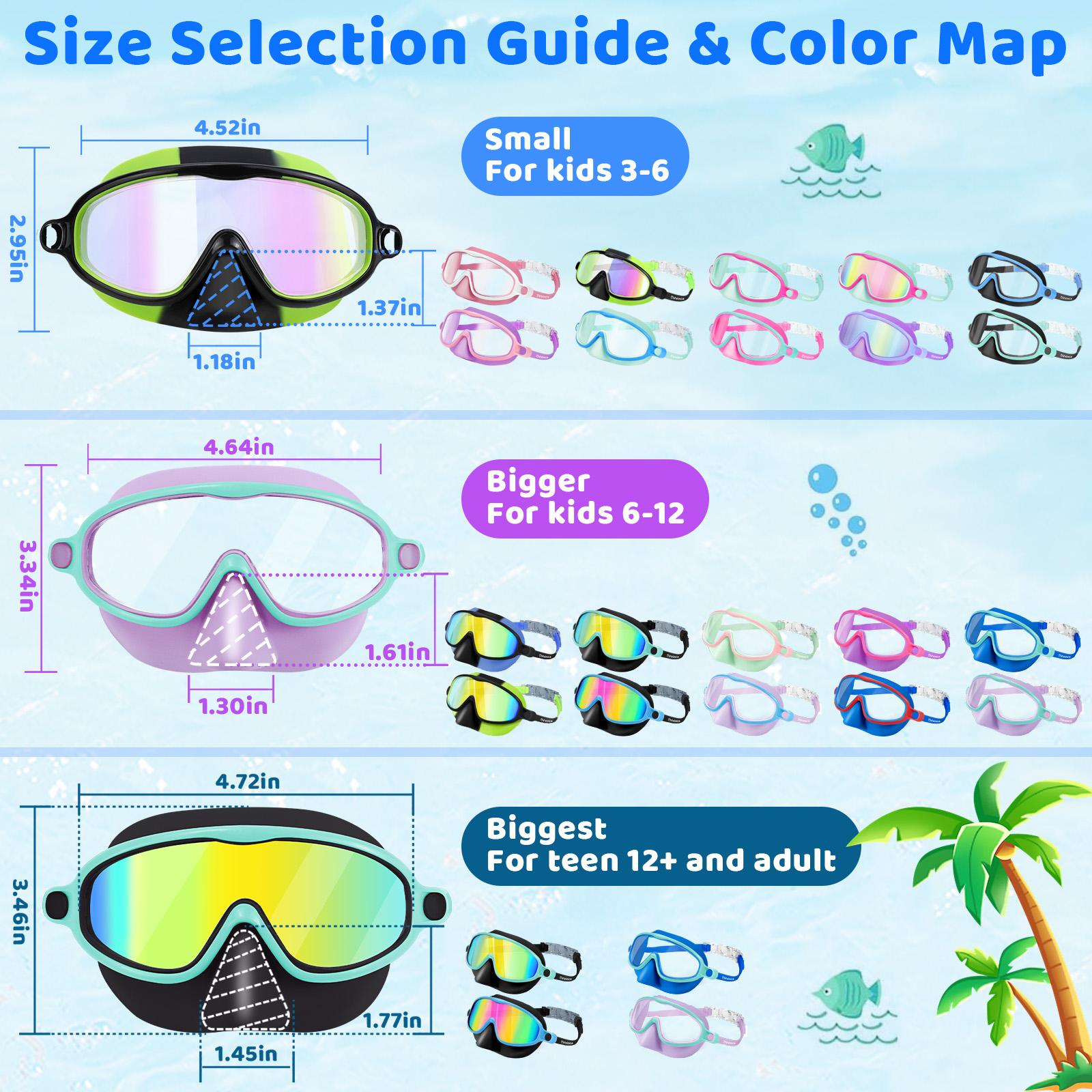 Swim Goggles 2 Pcs with Nose Cover for Ages 3-12+ Kids