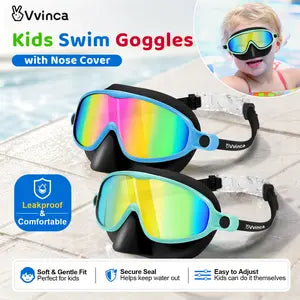 Swim Goggles 2 Pcs with Nose Cover for Ages 3-12+ Kids