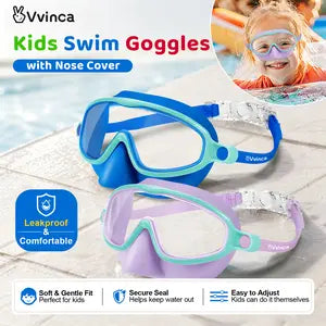 Swim Goggles 2 Pcs with Nose Cover for Ages 3-12+ Kids
