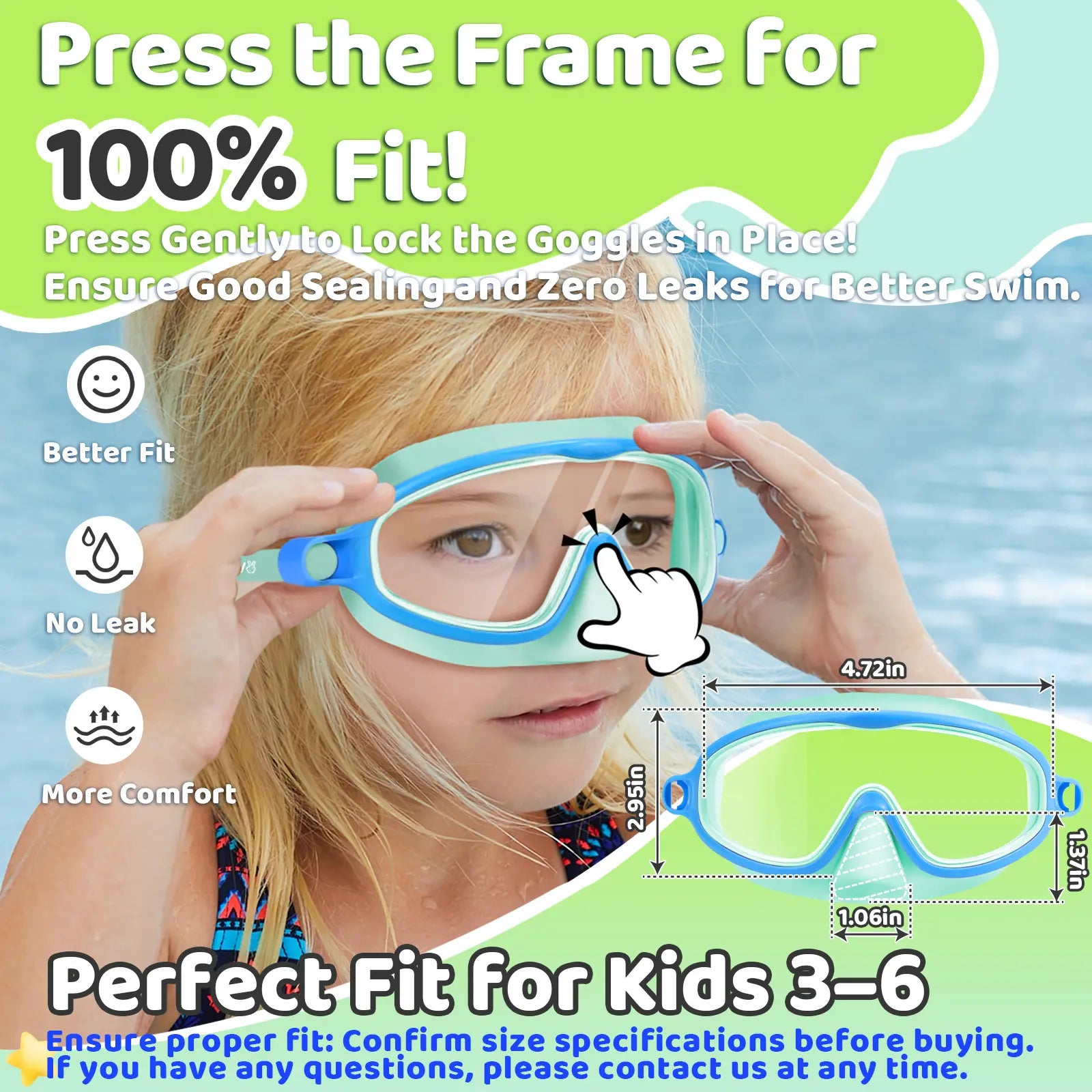 Swim Goggles 2 Pcs with Nose Cover for Ages 3-12+ Kids