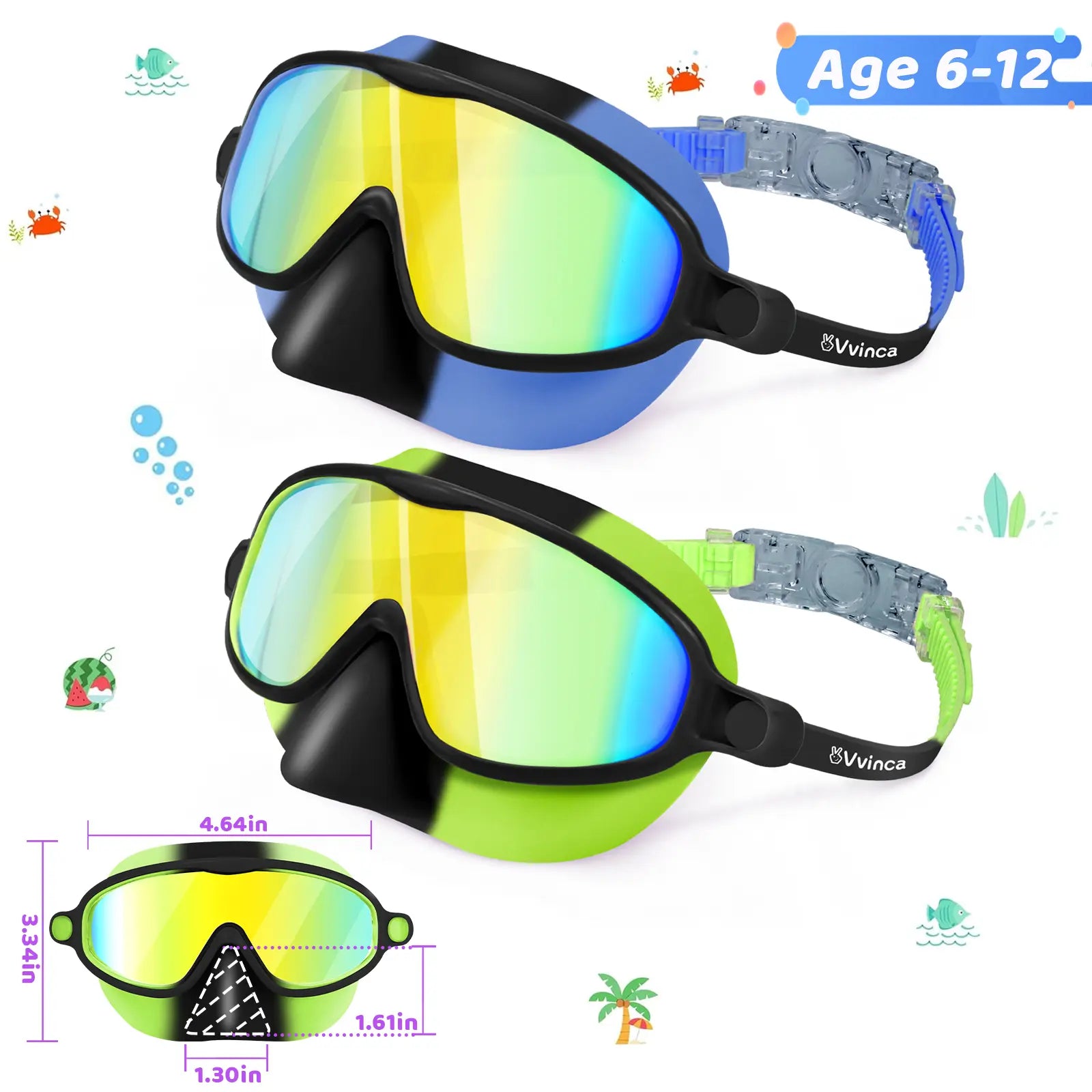 Swim Goggles 2 Pcs with Nose Cover for Ages 3-12+ Kids