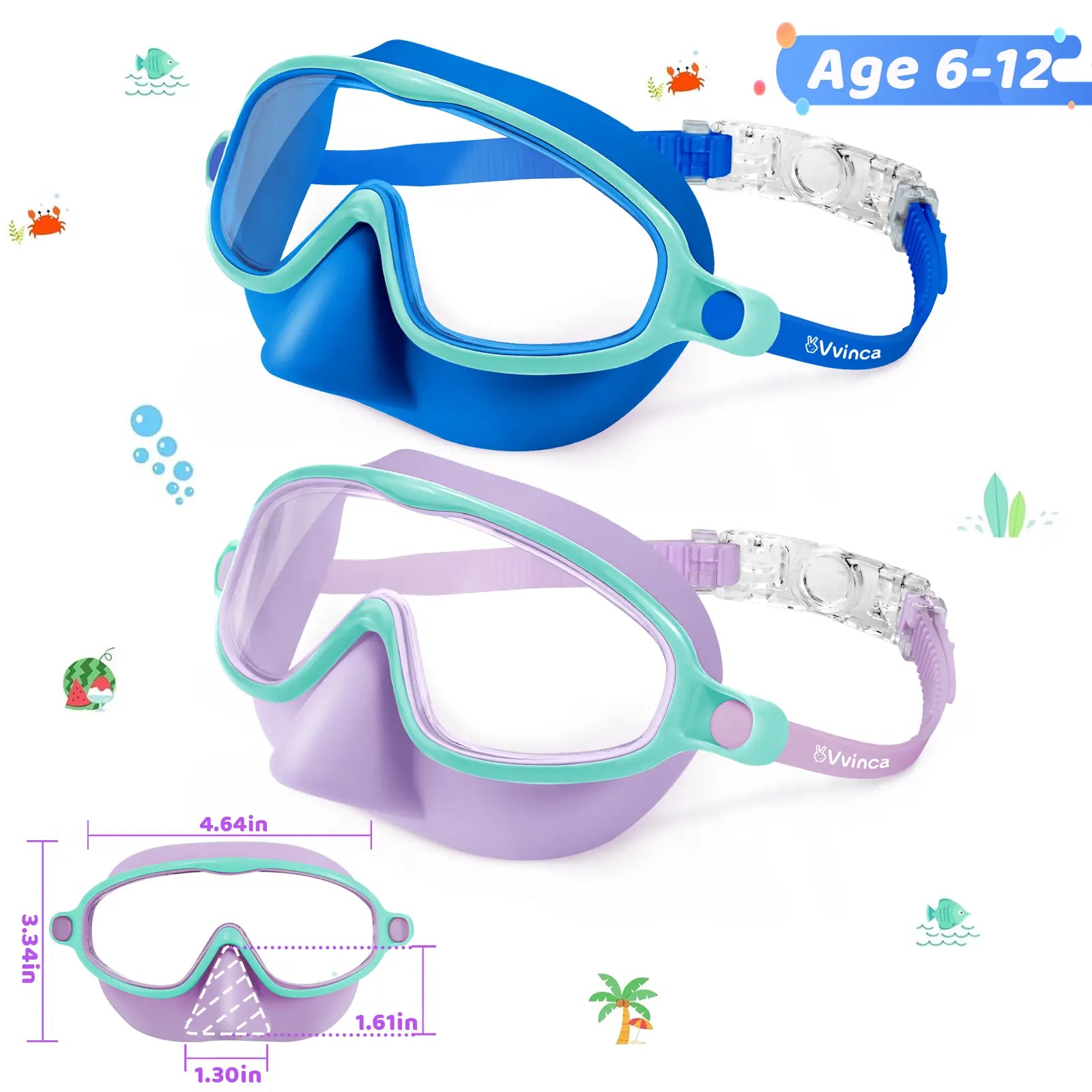 Swim Goggles 2 Pcs with Nose Cover for Ages 3-12+ Kids