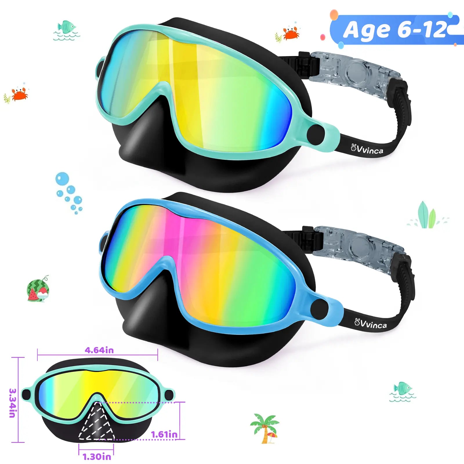 Swim Goggles 2 Pcs with Nose Cover for Ages 3-12+ Kids