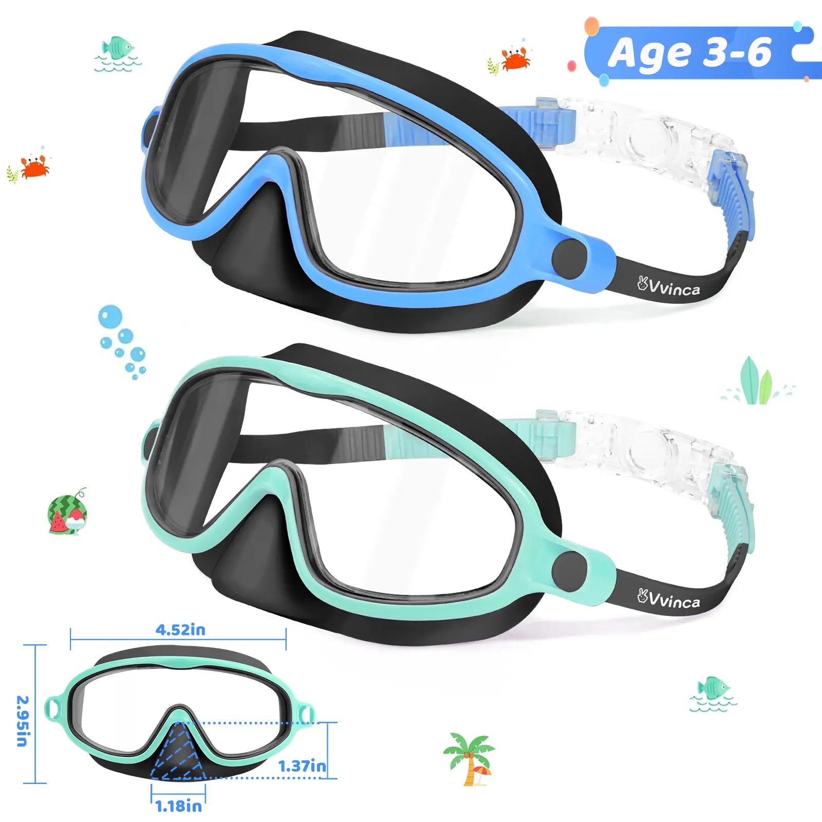 Swim Goggles 2 Pcs with Nose Cover for Ages 3-12+ Kids