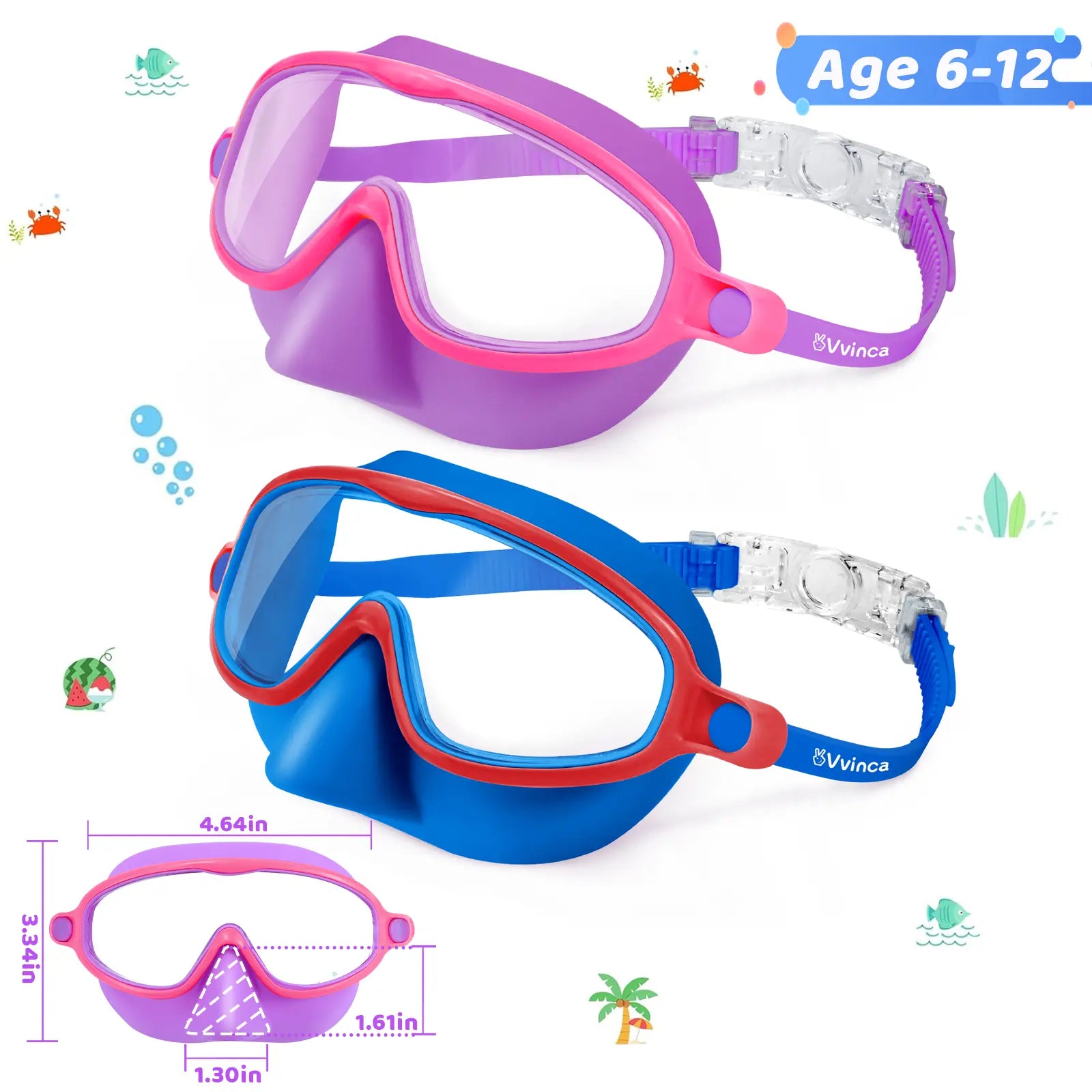 Swim Goggles 2 Pcs with Nose Cover for Ages 3-12+ Kids