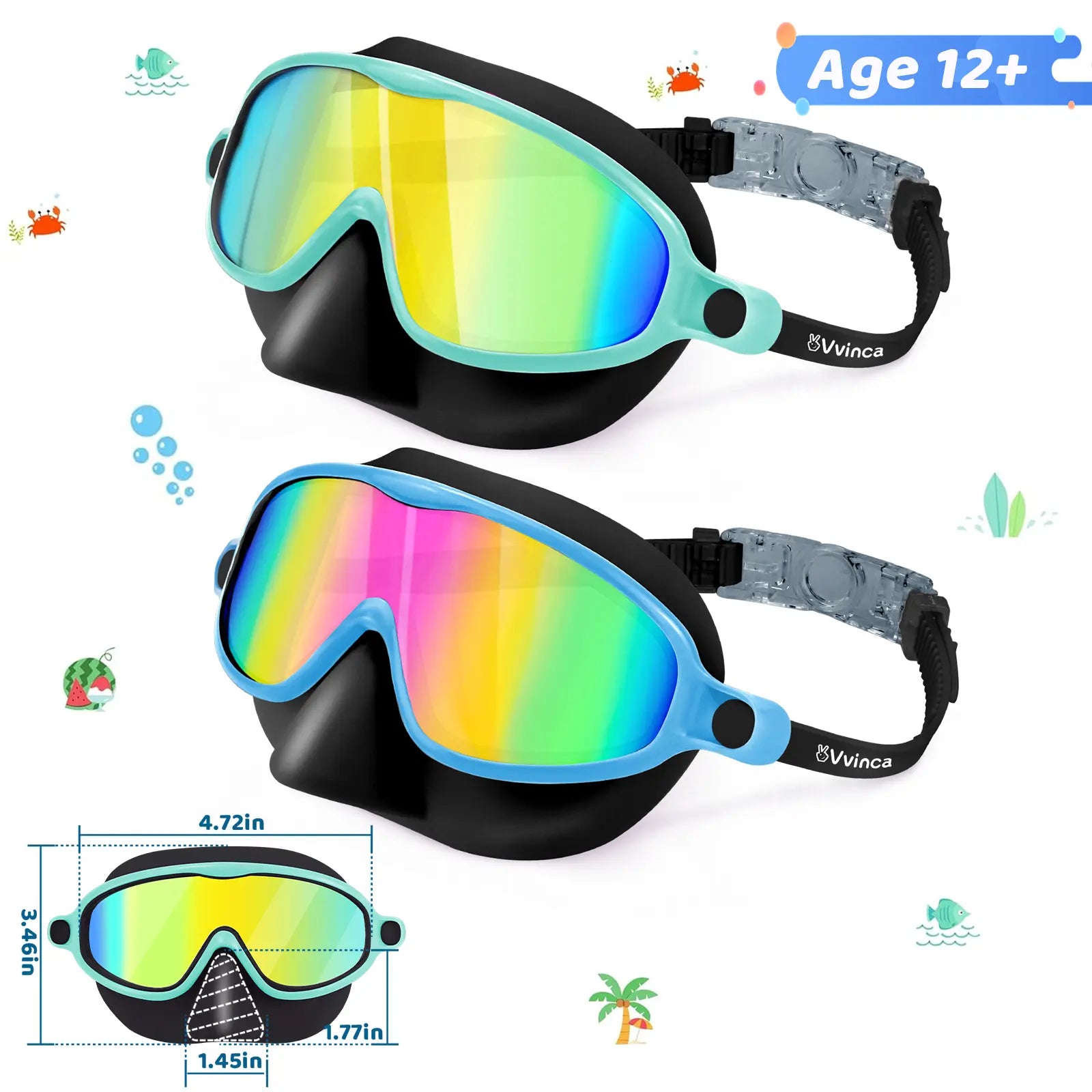 Swim Goggles 2 Pcs with Nose Cover for Ages 3-12+ Kids