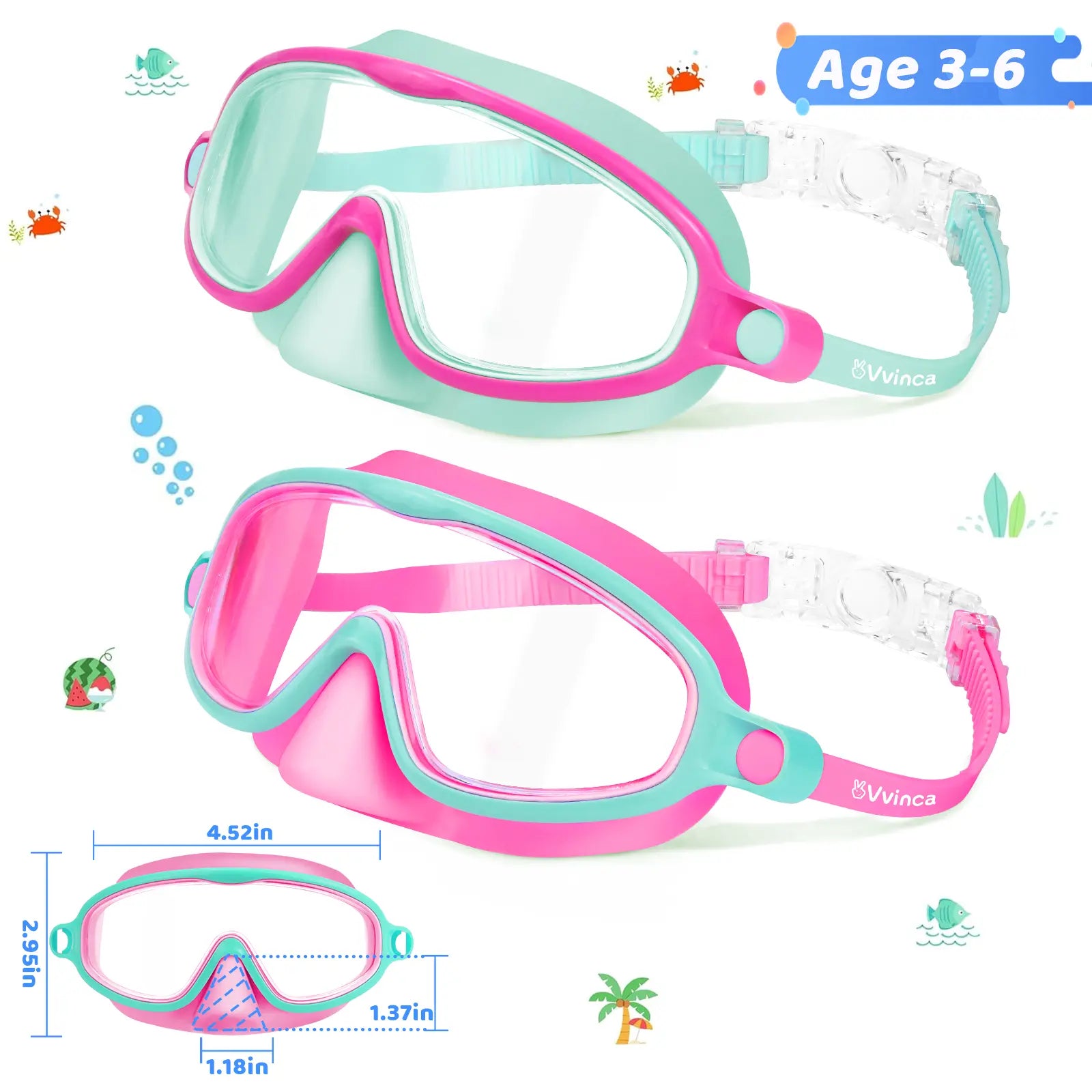 Swim Goggles 2 Pcs with Nose Cover for Ages 3-12+ Kids
