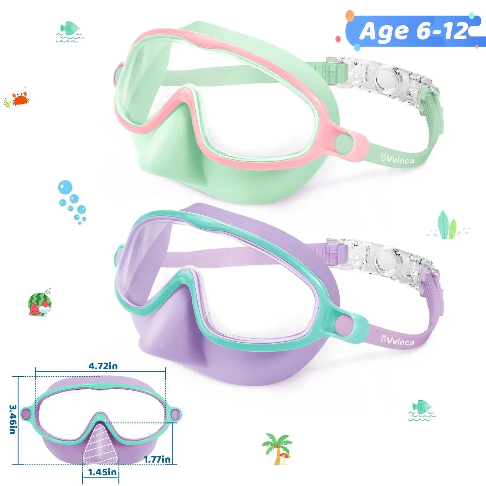 Swim Goggles 2 Pcs with Nose Cover for Ages 3-12+ Kids