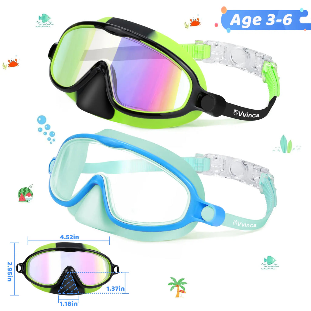 Swim Goggles 2 Pcs with Nose Cover for Ages 3-12+ Kids