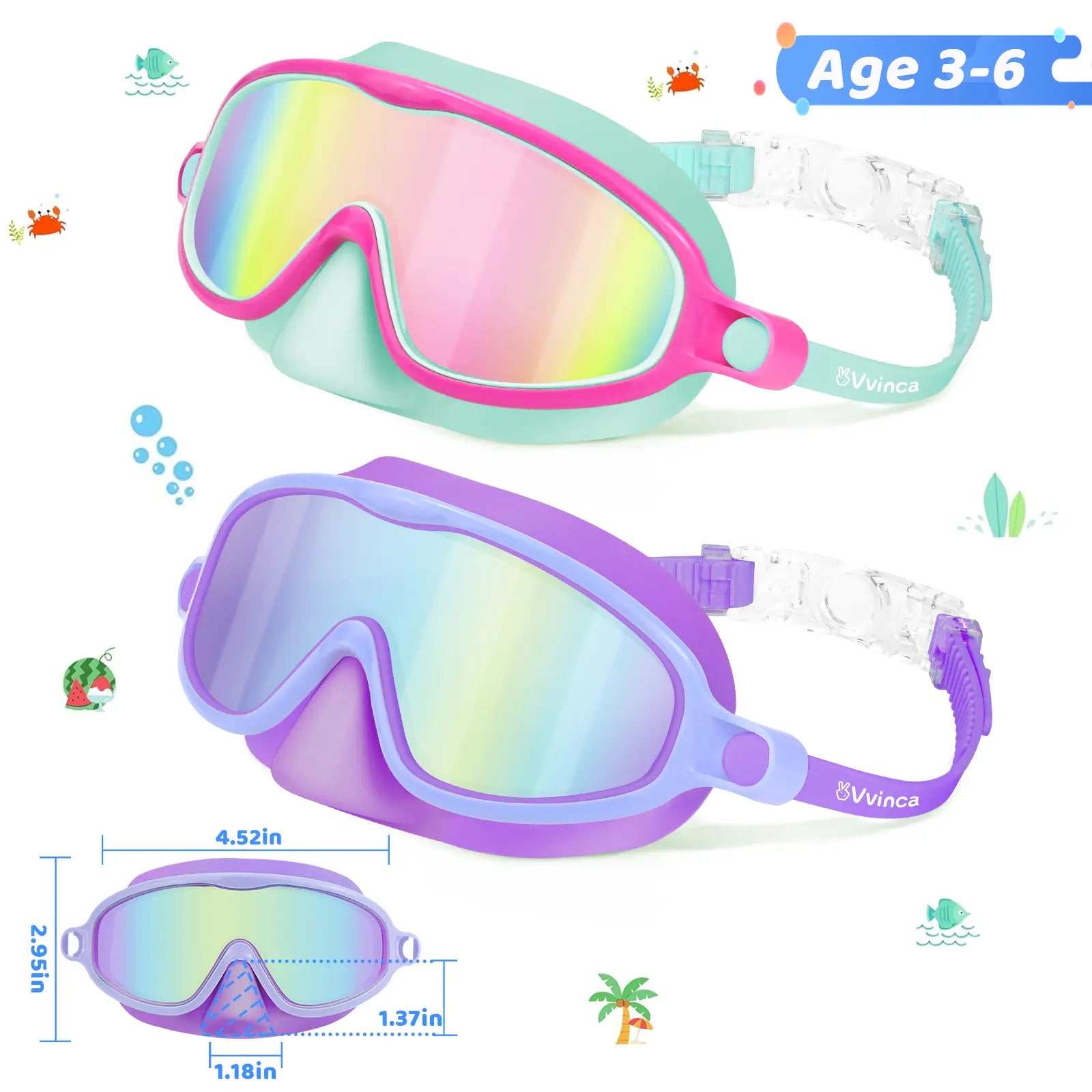Swim Goggles 2 Pcs with Nose Cover for Ages 3-12+ Kids