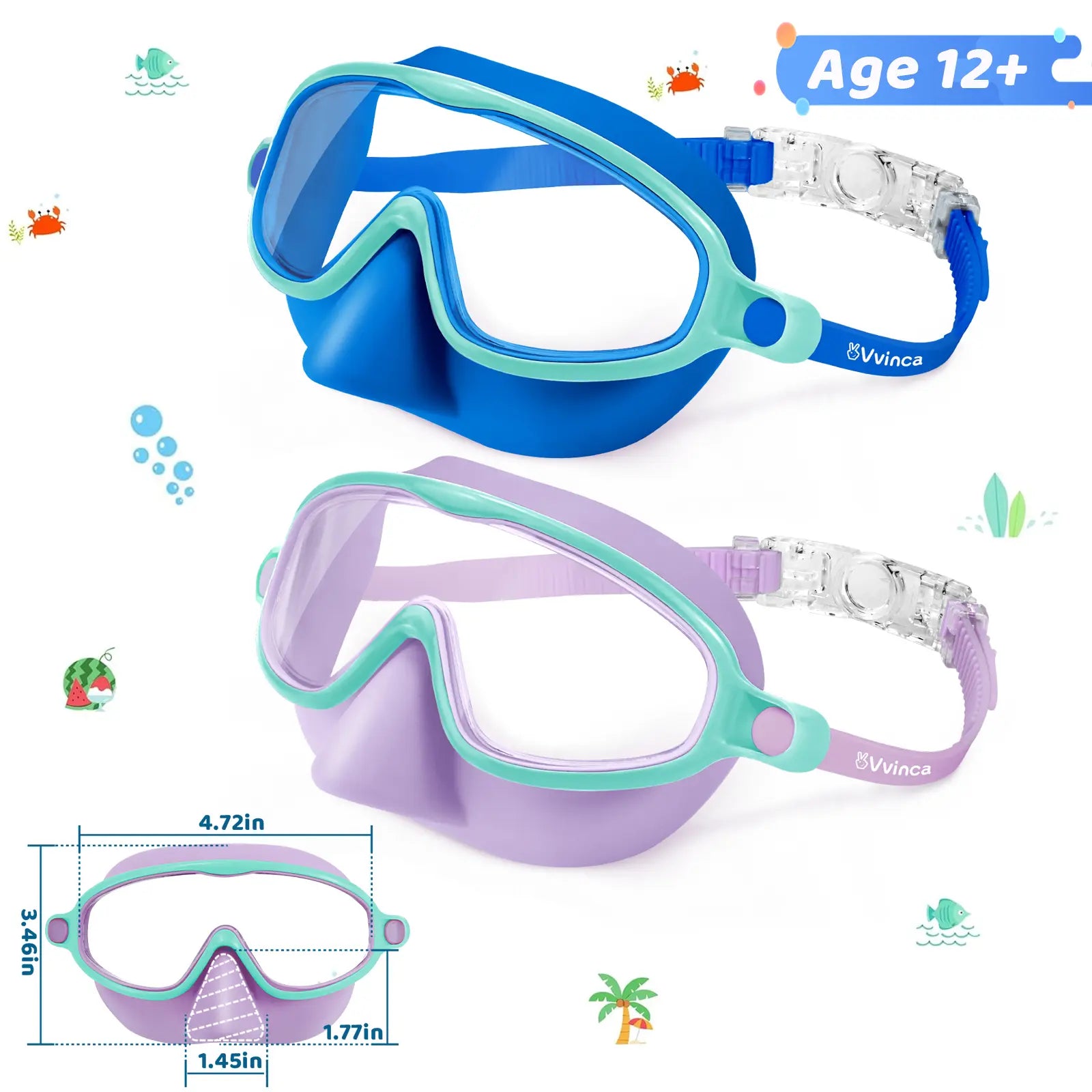 Swim Goggles 2 Pcs with Nose Cover for Ages 3-12+ Kids